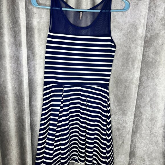 Poof Junior Navy & White Striped Mini Fit Flare Dress Coastal Nautical - Picture 4 of 7